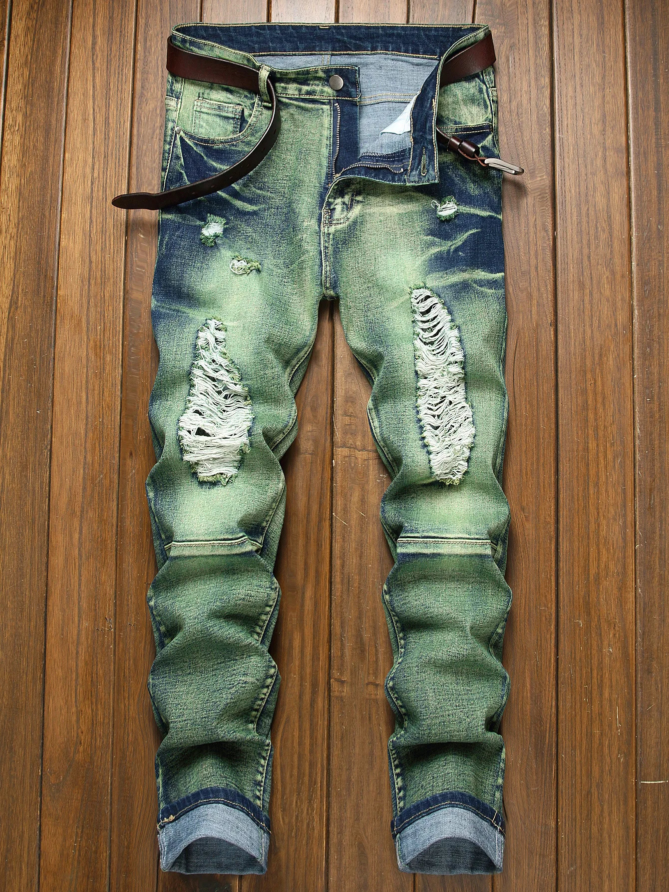 High Street Ripped Jeans for Men Four Seasons Causal Denim Pants Personalized Ocean Green Straight Jeans Fashion Youth Trousers 240821