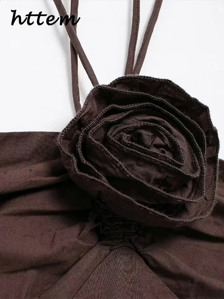 Elegant 3d Flower Halter Long Dress Women Slim Sleeveless Backless Pleated Holiday Dresses 2024 Summer Lady Solid Cotton Robes 240814