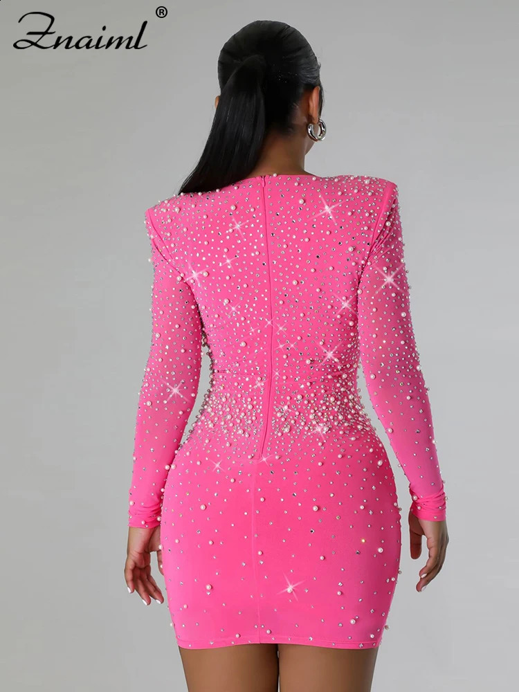 Znaiml Sexy Birthday Party Vestidos Women Diamonds Rhinestones Long Sleeve Sweetheart Collar Nightclub Prom Bodycon Mini Dress 240814