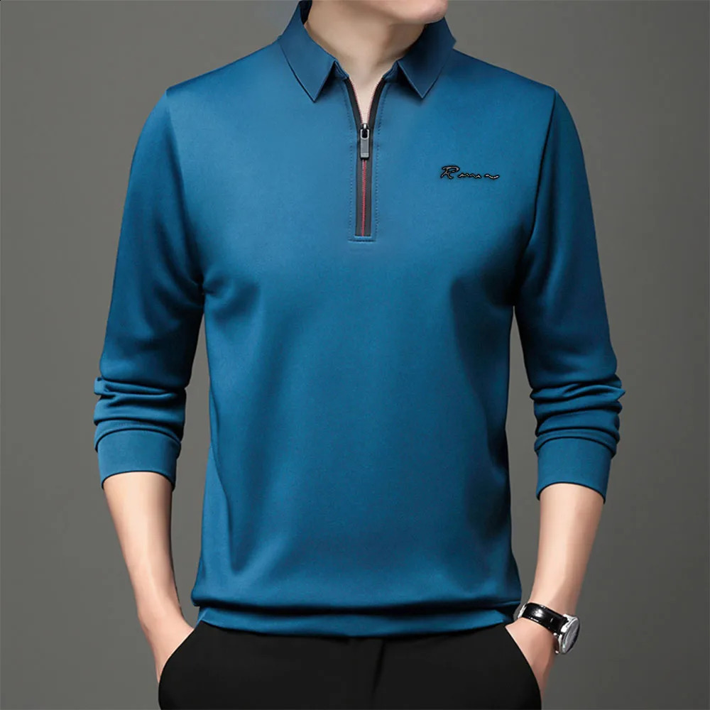 Letter Print Solid Polo Shirt Lapel Long-sleeve Zipper Collar Fashion Autumn Thin Shirts Casual Loose Tops Men Clothing 240820