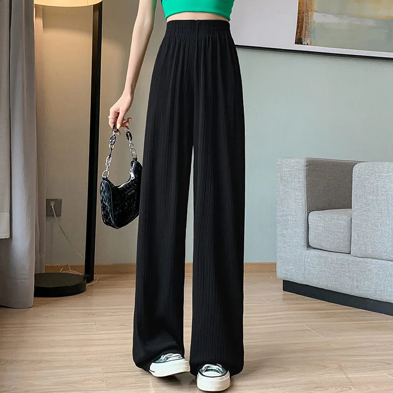 Elegant Solid Color Wide Leg Pants Summer Casual Office Lady Elastic Waist Straight Chic Loose Pant Women Fashion Sweet Trousers Z260314