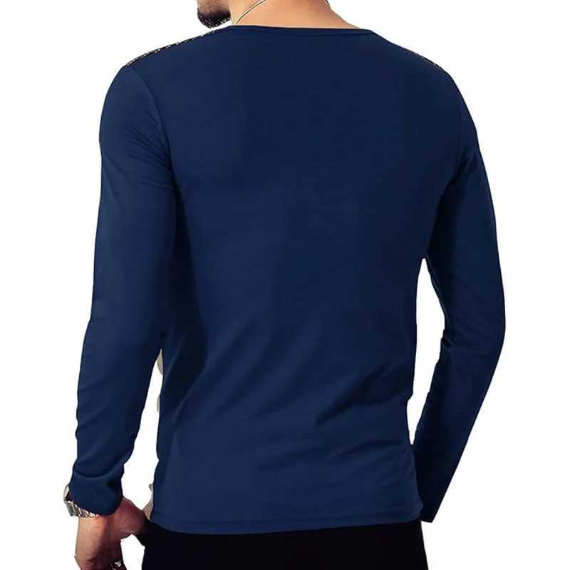 Mens Slim Fitted Casual Long-Sleeve Button T-Shirts Contrast Color Stitching Top TeesM240814