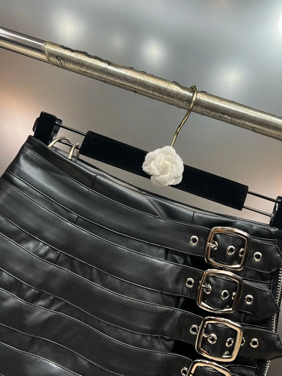 PREPOMP 2024 Spring Collection Multi Belts Patchwork Metal Buckles Black Slimbodycon Pu Leather Skirt Women GM6 240813