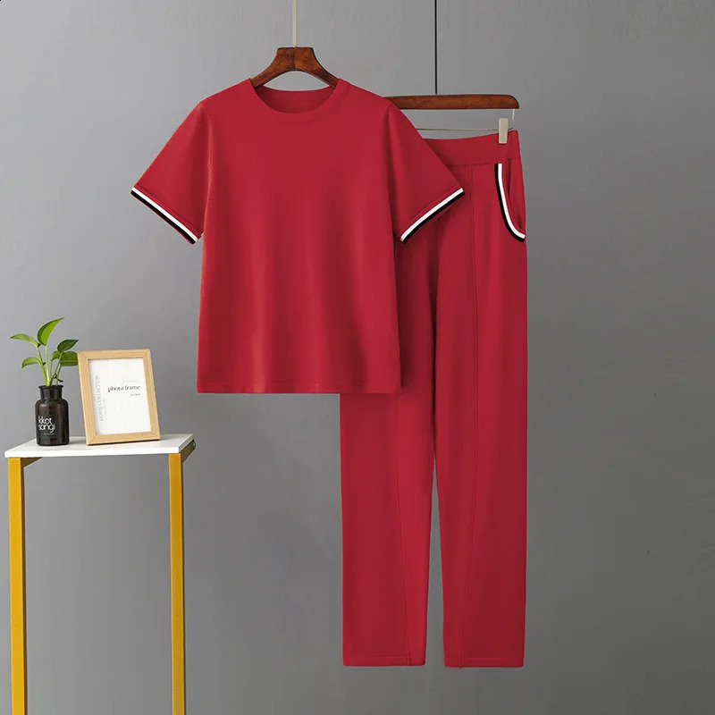 HLBCBG Spring Summer Orange Casual Knitted Two Piece Set Short Sleeve Women T Shirt Tracksuits Pants Suits Knitwear 2 Piece Sets 240813