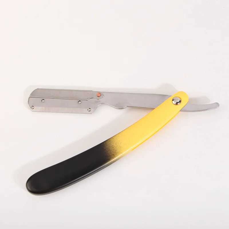 Stainless Steel Straight Edge Razor Yellow ABS Handle Barber Shop Beard And Hair Trimmer Portable Manual Folding Shaving HolderM240814