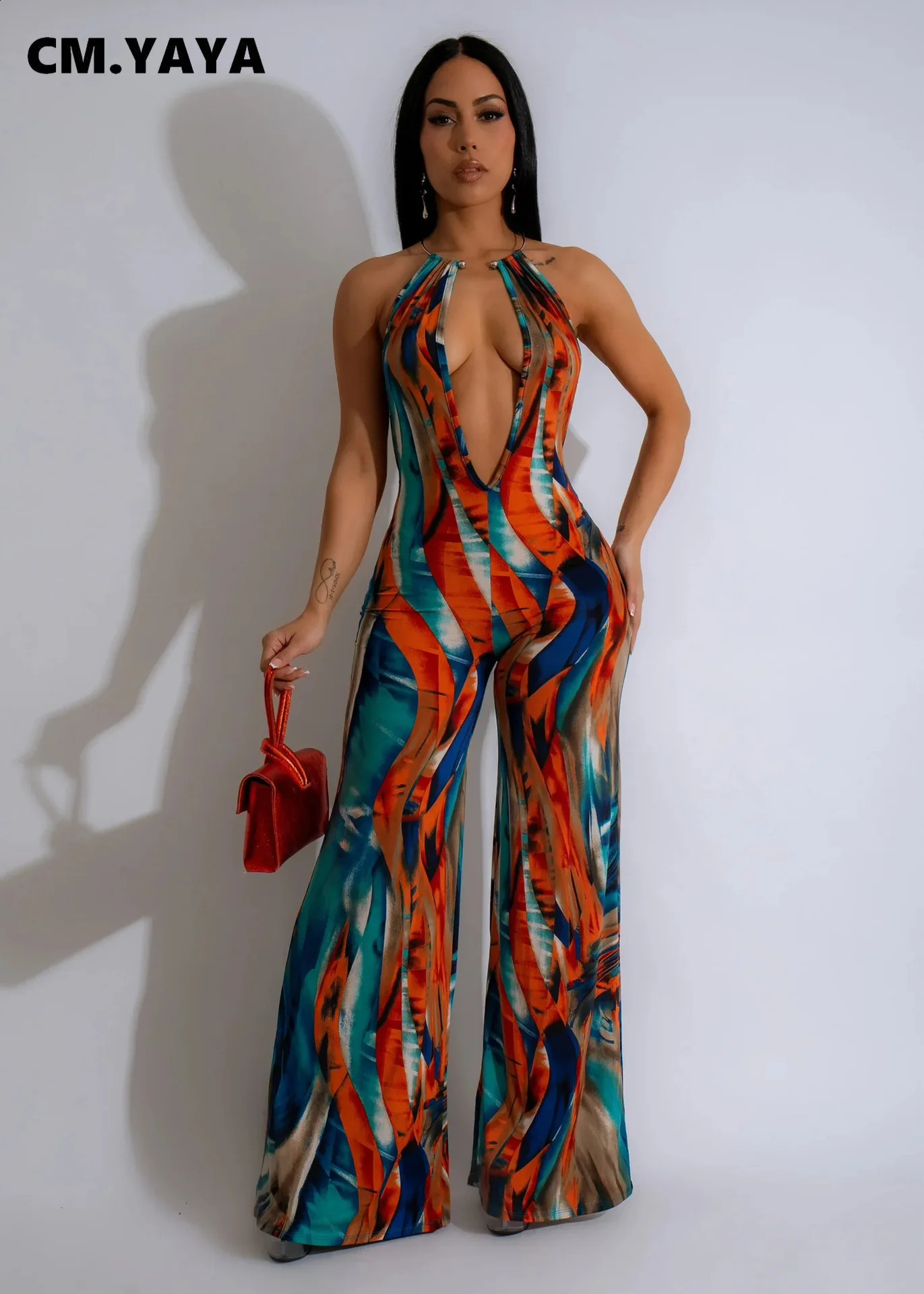 CM.YAYA Women Tie Dye Print Wide Leg Straight V-Neck Sleeveless Jumpsuits 2024 Summer Night Club Playsuit One Piece Suit Romper 240813