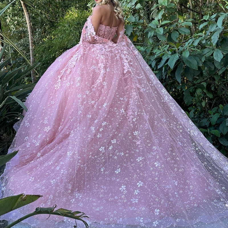 Pink Sparkly Crystal Appliques Quinceanera Dresses Ball Gown Off The Shoulder Beading Tull With Cape Sweet Vestidos De 15 Girls