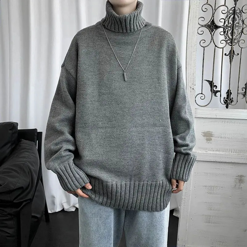 Winter Korean Solid High Neck Sweater Mens Patch Work Thread Student Fashion Loose Edition Warm Long Sleeve Knitted Top 240829