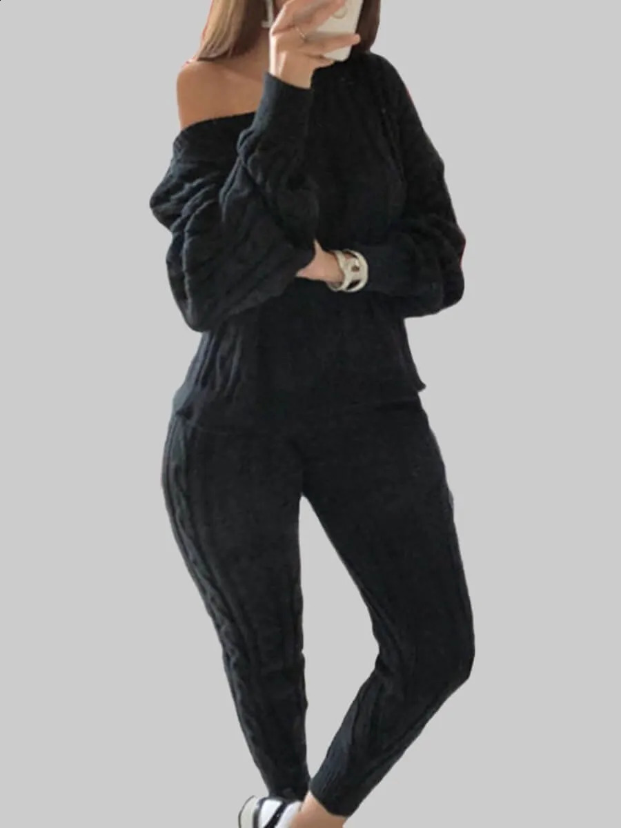 LW Plus Size Dropped Shoulder Knit Pants Set Womens Long Sleeve Knitted Casual Two-piece Sweater Long Sleeve Top Thick Sweaters 240813