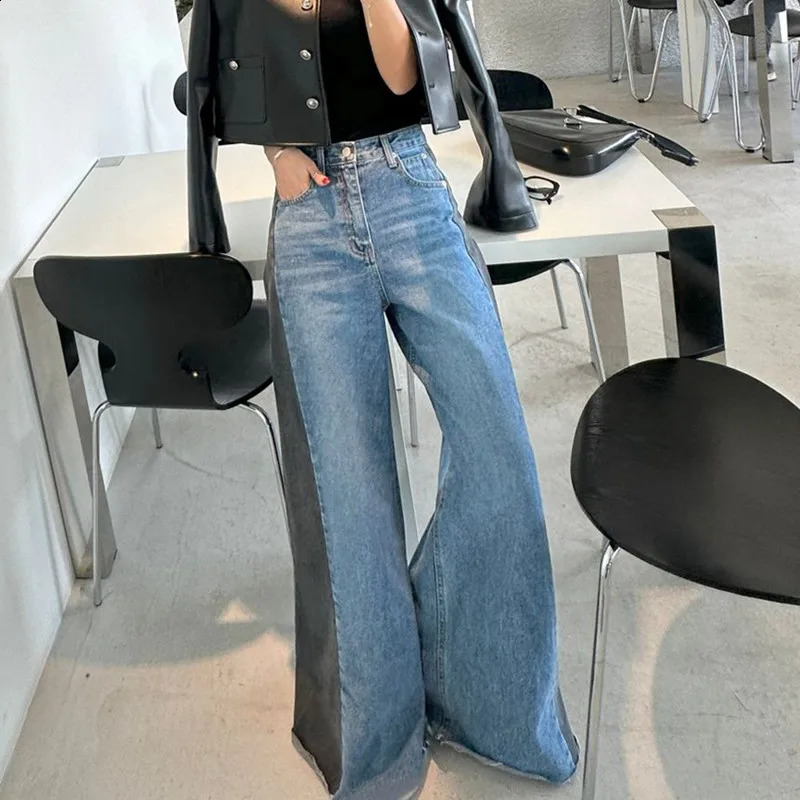 Y2K Fashion Patchwork Vintage Blue Baggy Flare Jeans Pants For Women Clothes Loose Wide Leg Denim Trousers Pantalon Femme 240813