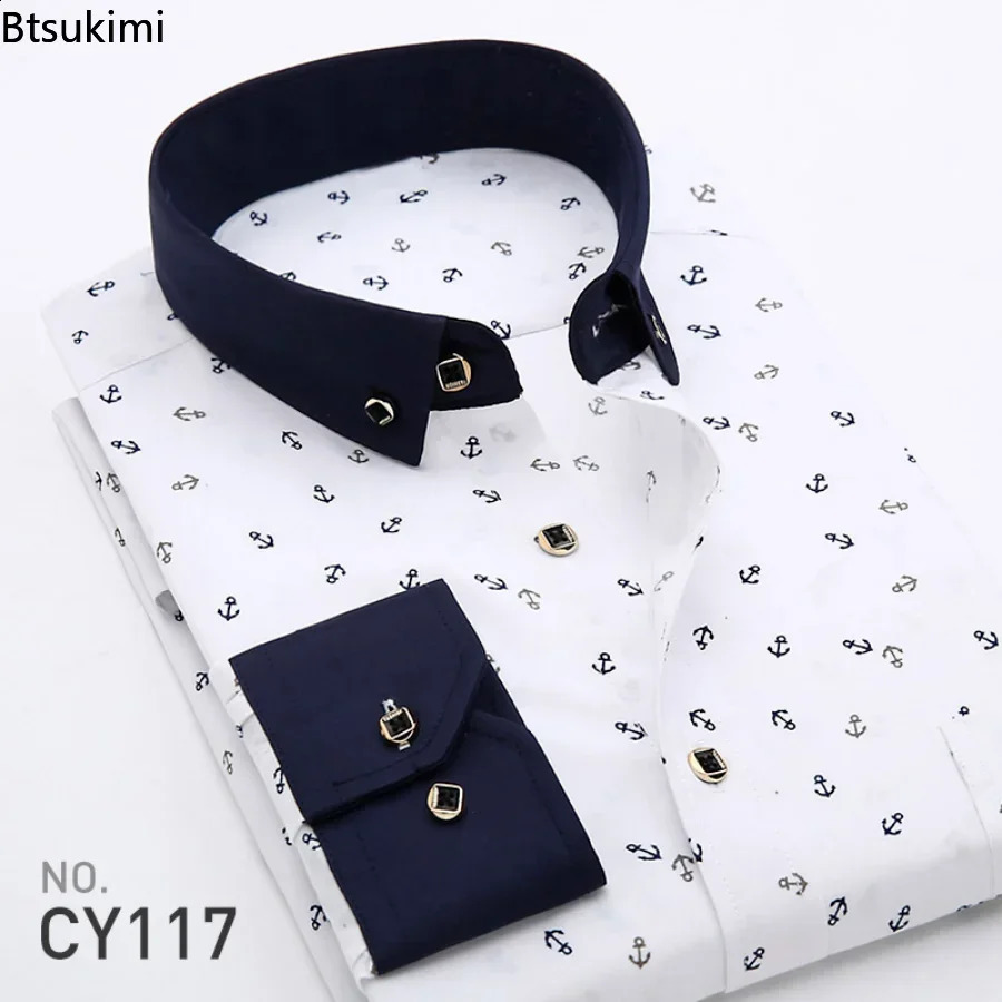 2024 Mens Plaid Shirts Long Sleeve Spring Autumn Thin Male Casual Shirt Man Printed Dress Shirt Stripe Business Shirts Male 240814