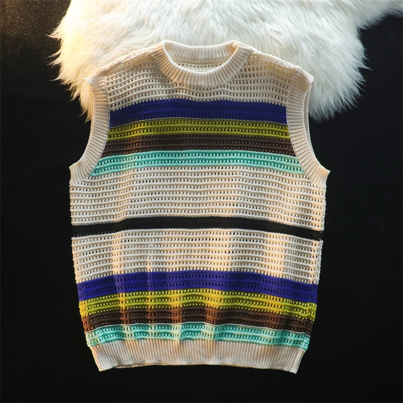 Sweater Vest Men O-neck Harajuku Y2k Clothes Striped Panelled Hollow Out Knitwear Unisex All-match Streetwear Summer Teens 240814
