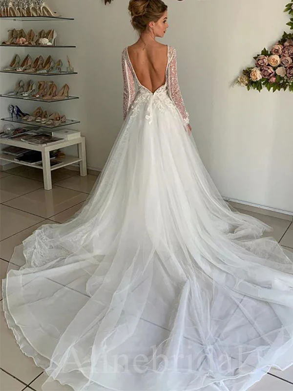 2024 V Neck Tulle Wedding Dresses Long Sleeve Sequins Lace AppliquesA l line Beads Backless Wedding Dress Robes De Plus size