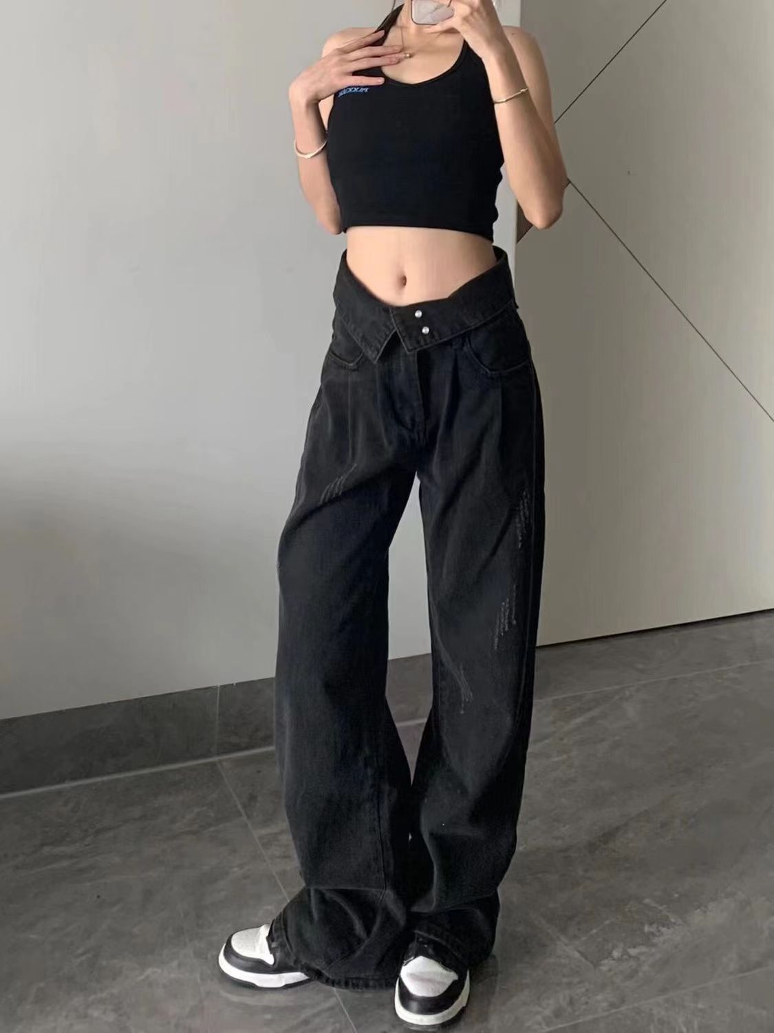 American ins washed black jeans for women in early spring with a spicy design, loose and slimming straight wide leg pants