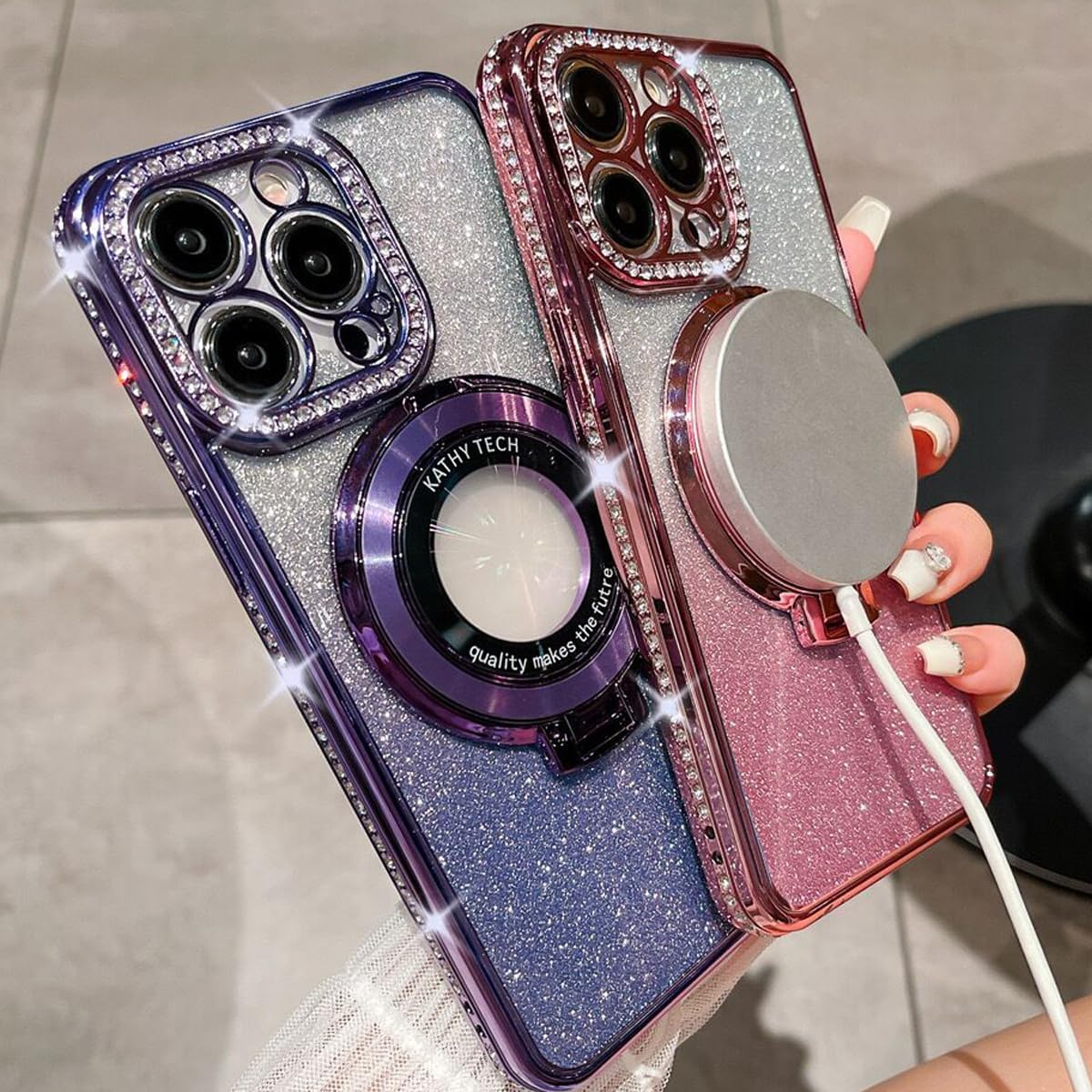 Luxury Diamond Bling Glitter Fold Ring Stand Magnetic For Magsafe Cases Shockproof Cover With Camera Lens Film Protector for iPhone 16 15 14 13 12 11 