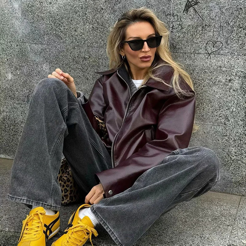 Womens Winter Jacket Women Vintage Faux Leather Coat Fashion Lapel Collar Long Sleeve Pu Overcoat Female Casual Tops Clothing 240813
