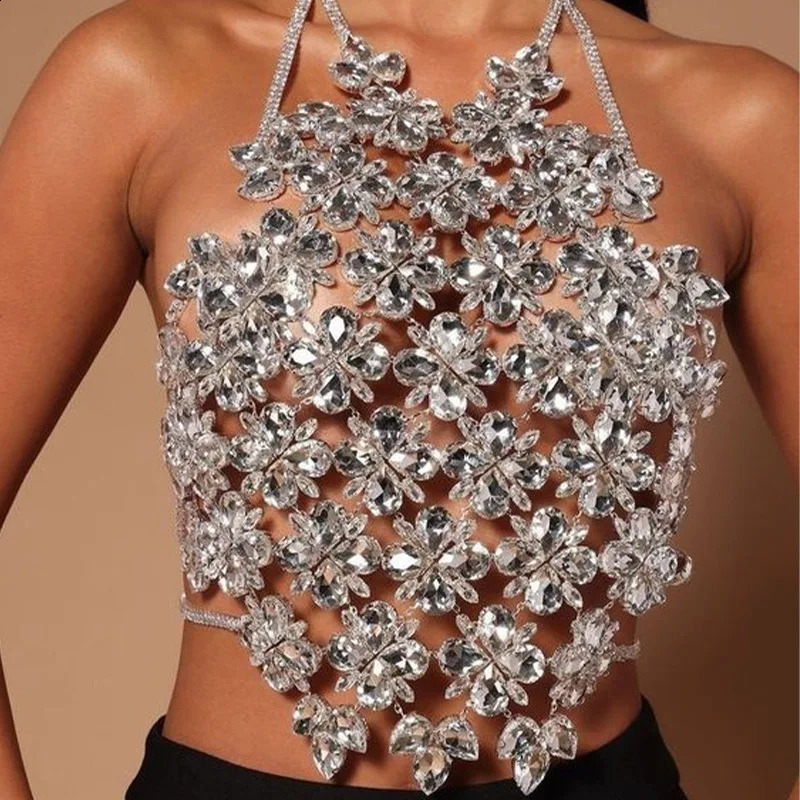 Female sexy body jewelry rhinestone fashion party nightclub flower chest chain female bikini pendant 240813