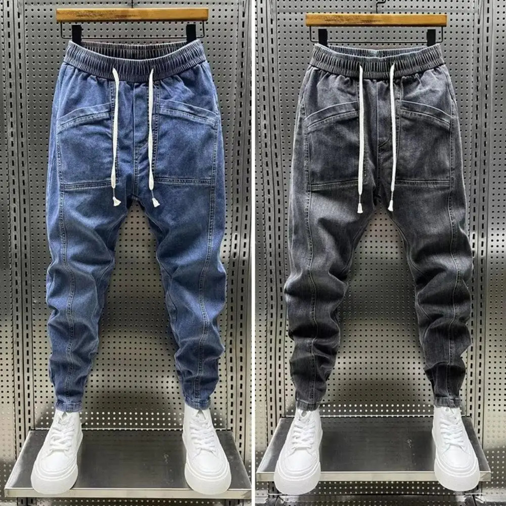 Elastic Waist Jeans Mens Elastic Drawstring Waist Denim Cargo Pants With Pockets Solid Color Harem Trousers For Spring Autumn 240814