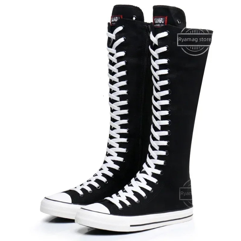 Boots Women Canvas Casual High Top Shoes Long Lace-Up Zipper Comfortable Flat Boot Sneakers Tenis Feminino