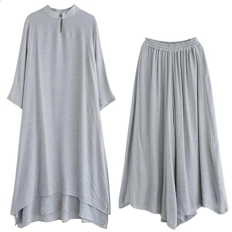 Johnature Spring 2024 Women Two Piece Set LongTop And Pants Chinen Style O-neck Elastic Waist Wide Leg Pants Sets 240813