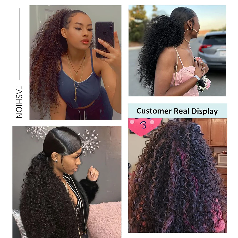 2 Tones Remy Brazilian Kinky Curly Ponytail hairpiece extention Ombre brown blonde Hair Drawstring Ponytail 100% Human Hair Clip In Hair Extensions 12