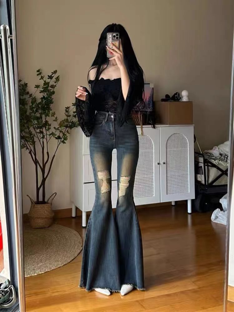 Thin hole, big horn, elastic thin jeans, women's high waist, small stature, summer hot girl, horn pants