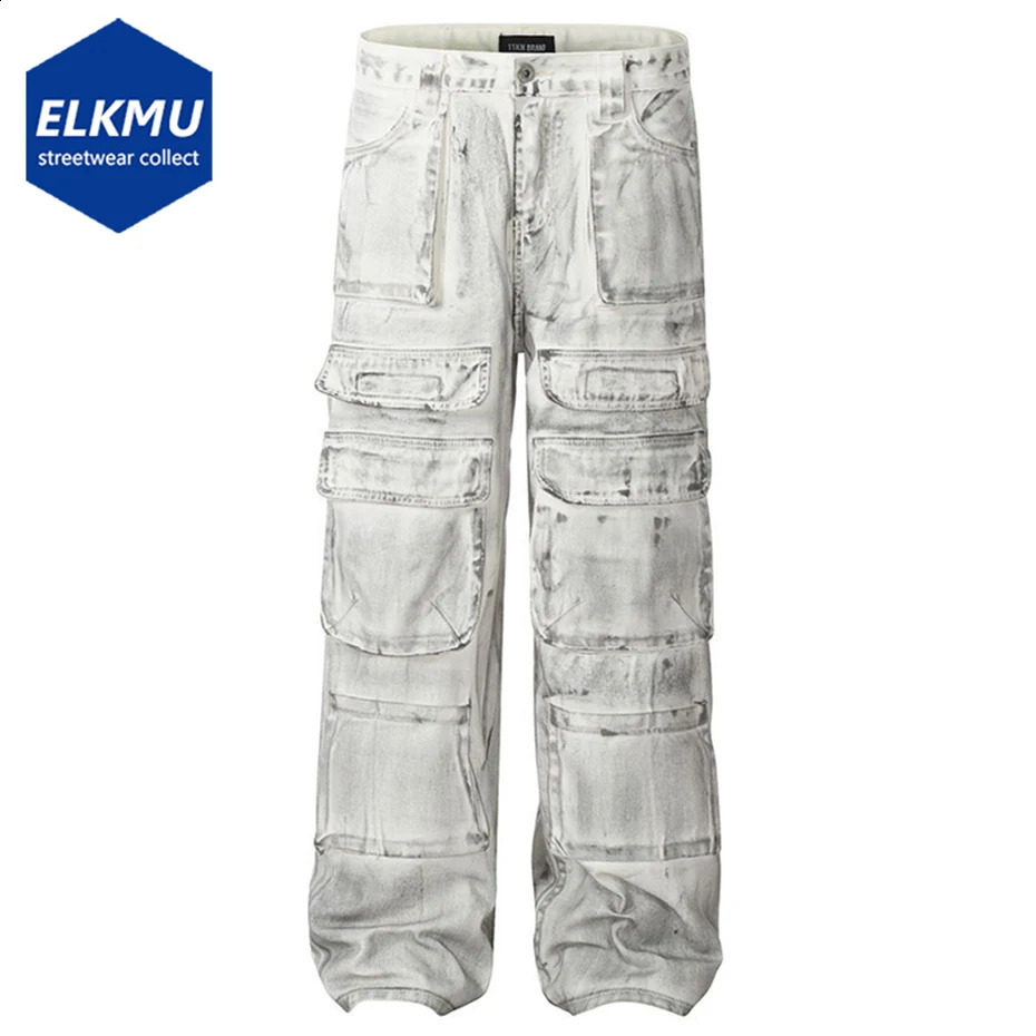 Dirty Cargo Jeans Wide Leg Loose Baggy Denim Pants Men Streetwear Hip Hop Jeans Trousers Multi Pocket White Trousers 240814