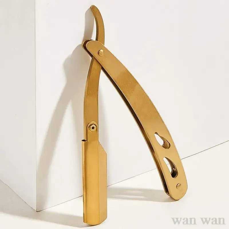 Stainless Steel Razor Holder Golden Mens Manual Folding Straight Edge Shaver Barber Shop Beard Trimmer With Shaving Blade Y1003M240814