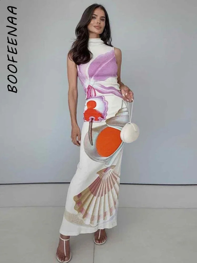 BOOFEENAA Abstract Printed Sleeveless Long Dresses for Women Clothes High Fashion Party Dress Elegant Resort Wear C85-CZ31 240814