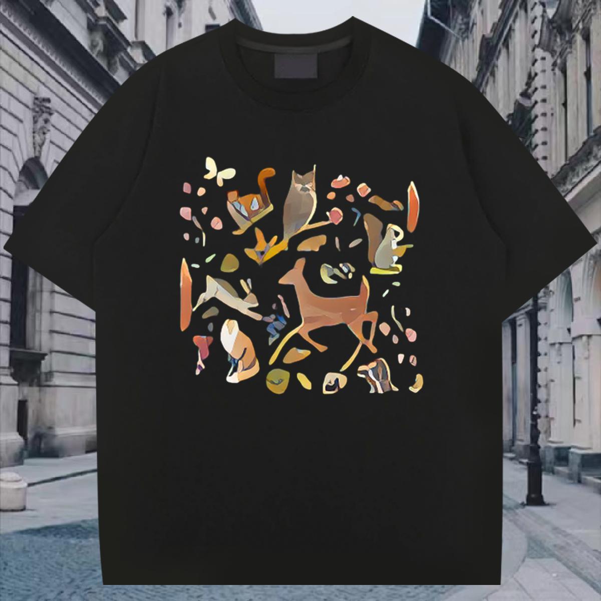 T shirt 100% Cotton 230g Deer Beach Short Sleeve O-Neck Asian Size Men Clothes T-Shirt Brand Unisex Tops Tees