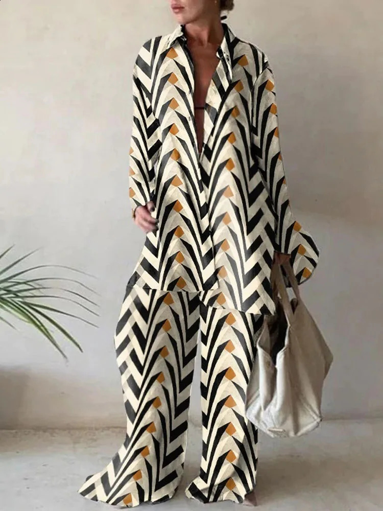 Casual Print Two Piece Suit Office Lady Suit Fashion Suit Women Loose Long Sleeve Shirt Straight Pant Sets Tracksuits 240813
