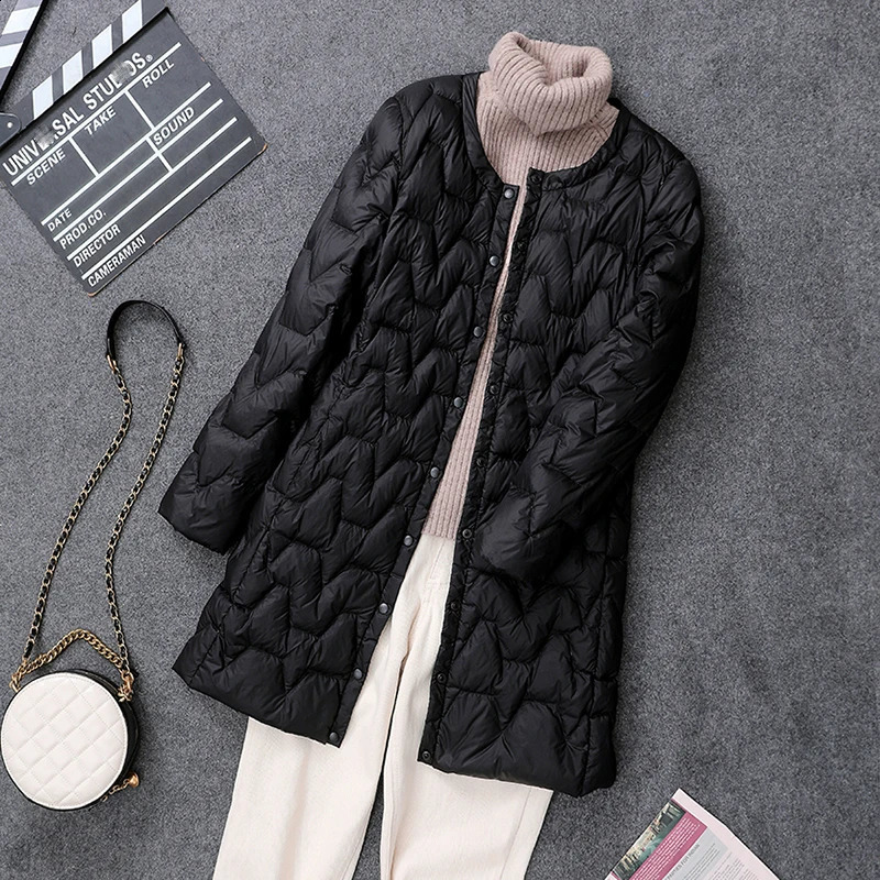 2024 Winter Women Down Coat Ultralight Collarless Duck Down Jacket Portable Female Padded Parkas O-Neck Long Puffer Overcoat 240813
