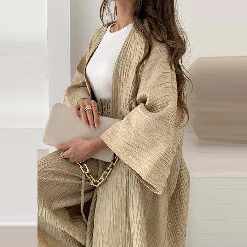 Elegant Female Loose Solid Color Outfits Womens Autumn Suits Lady Pleated Texture TopStraight Casual Pants Two-Piece Sets 240813