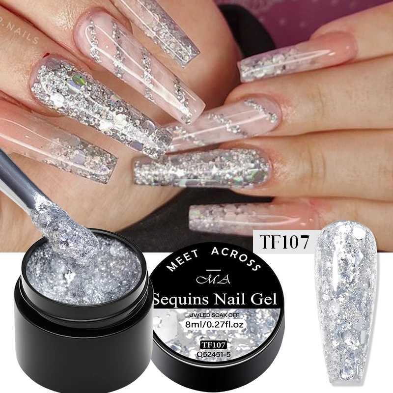 MEET ACROSS 8ml Glitter Sequins Gel Nail Polish Shiny Sparkling Silver Platinum Pink Semi Permanant Nail Art Gel ManicureM240814