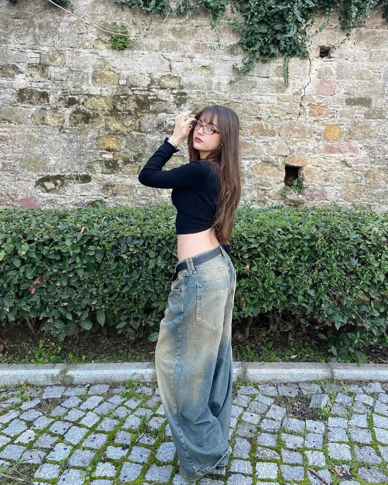 Streetwear Fashion Solid Color Washed Baggy Jeans Women Y2K Harajuku Vintage Gothic Casual Joker High Waist Wide Leg Pants 240813