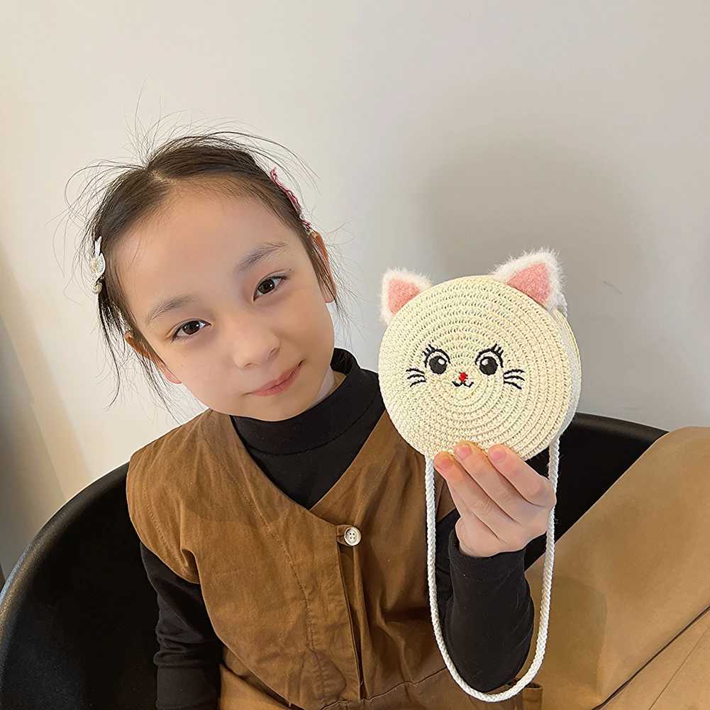 Cute cat handmade woven handbag girls small round straw bag mini cross body bag woven small wallet childrens shoulder bag W240813