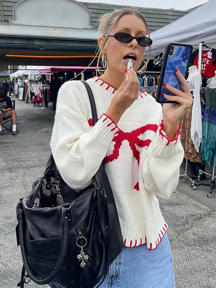 Autumn Bowknot Printed Knitted Women Sweater Casual O Neck Long Sleeve Contrast Color Female Pullover Fashion LadyOutwear 240812