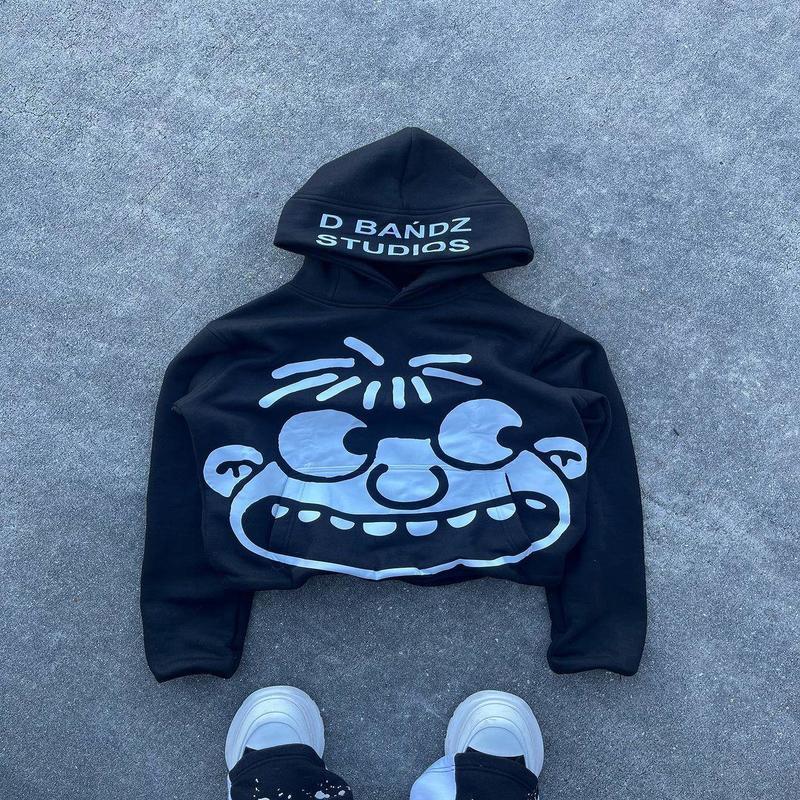 Grunge street cartoon print short waist-baring hooded pullover womens Harajuku hip-hop punk sweatshirt casual loose sweatshirt 240813
