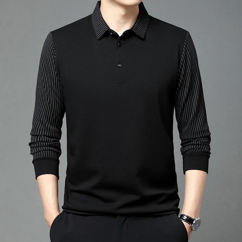 mens casual solid color long sleeved Polo shirt Fashion solid color lapel top 240814