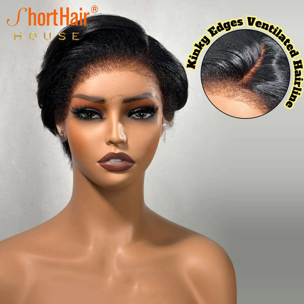 Kinky Edges Pixie Cut Wigs Human Straight Bob Curly Baby Hair 13X4 Transparent Lace Front Wig For Black Women