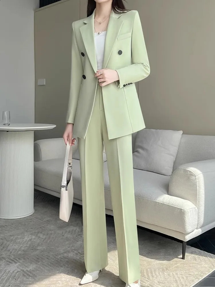 Women Fashion Elegant Chic Blazer Pantsuit Vintage Casual Solid Jackets Straight Pants Two Pieces Set Female Formal Outfits 240813
