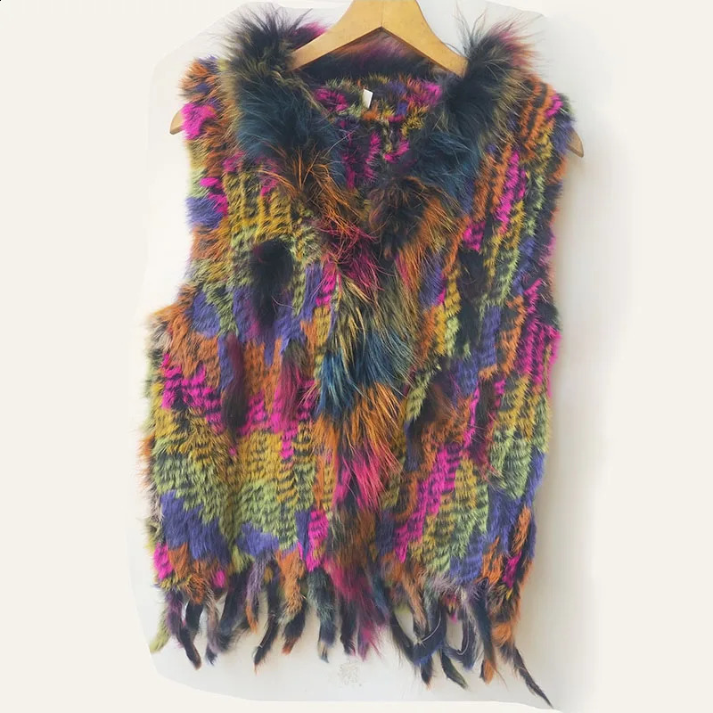 Autumn Knitted Real Rabbit Fur Vest Women Warm Genuine Fur Gilets Female Causual Genuine Fur Waistcoat 240814
