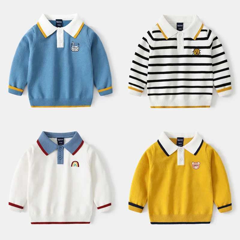 Autumn Toddler Boy Sweater Turn Down Collar Cartoon Embroidery Long Sleeve Baby Boy Pullover Loose Warm Striped Kid Boy KnitwearY240814