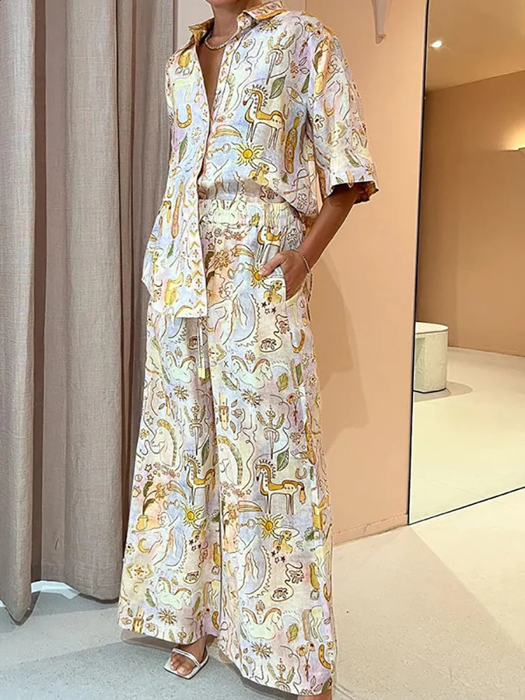 Half Sleeve Single-Breasted Printing Matching Sets Women Spring Summer Loungewear Two Pieces Outfit Streetwear Drop 240813