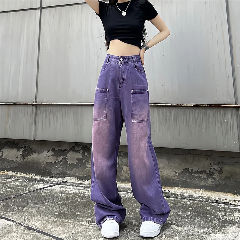 Womens Purple Baggy Jeans Boyfriend Style High Waist Gradient Color Washed Y2k Cargo Pants Mopping Straight Denim Trousers 240813