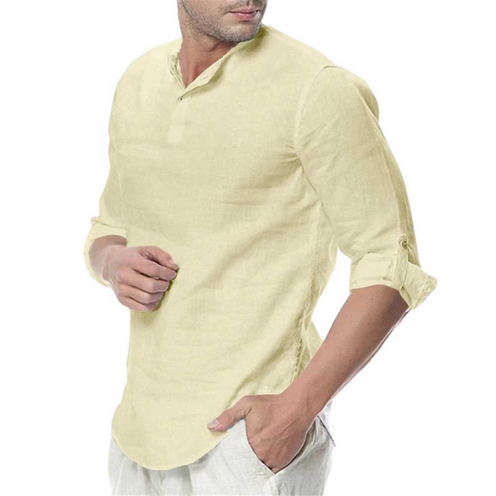 Mens Linen Long-Sleeve Shirt Solid Color Loose Casual T-Shirt Cotton Linen Shirt Oversize Shirts V-neck Breathable Top S-5XLM240814