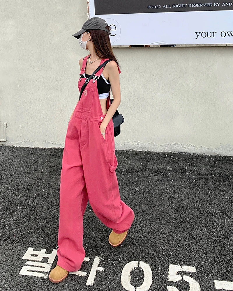 SM jeans womens Summer Preppy Style loose Pink wide leg trousers jumpsuit korean casual denim overalls womens 78891 240813