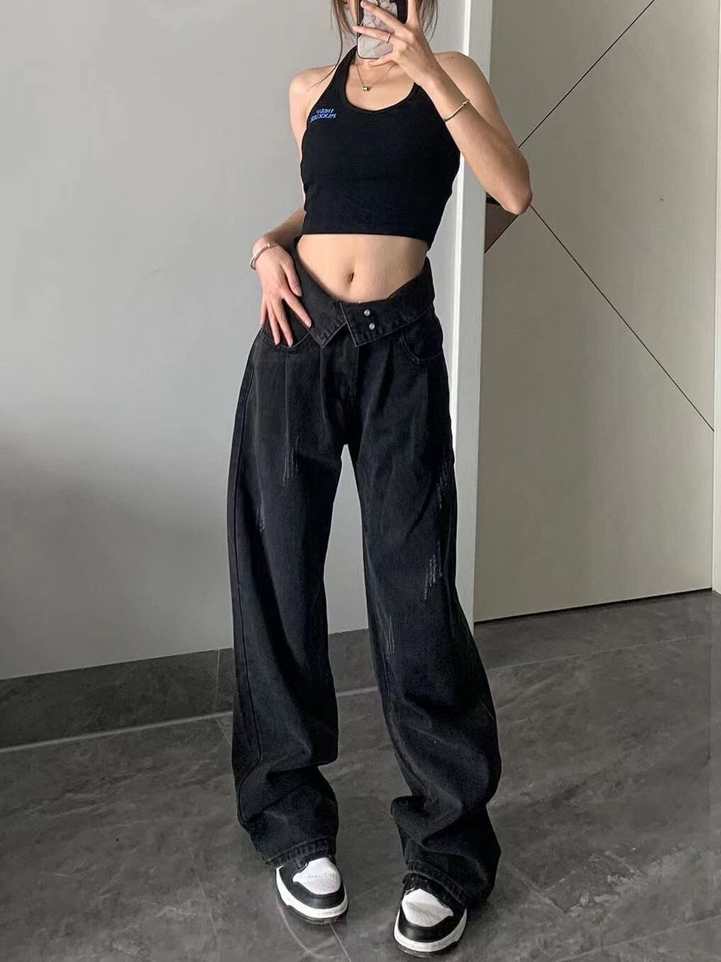 American ins washed black jeans for women in early spring with a spicy design, loose and slimming straight wide leg pants