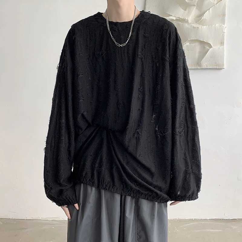 Spring Summer Men Hole T Shirts Harajuku Hip Hop Long Sleeve Oversized Tshirts Male Korean Fashion Tee Tops Plus Size 3XLM240814