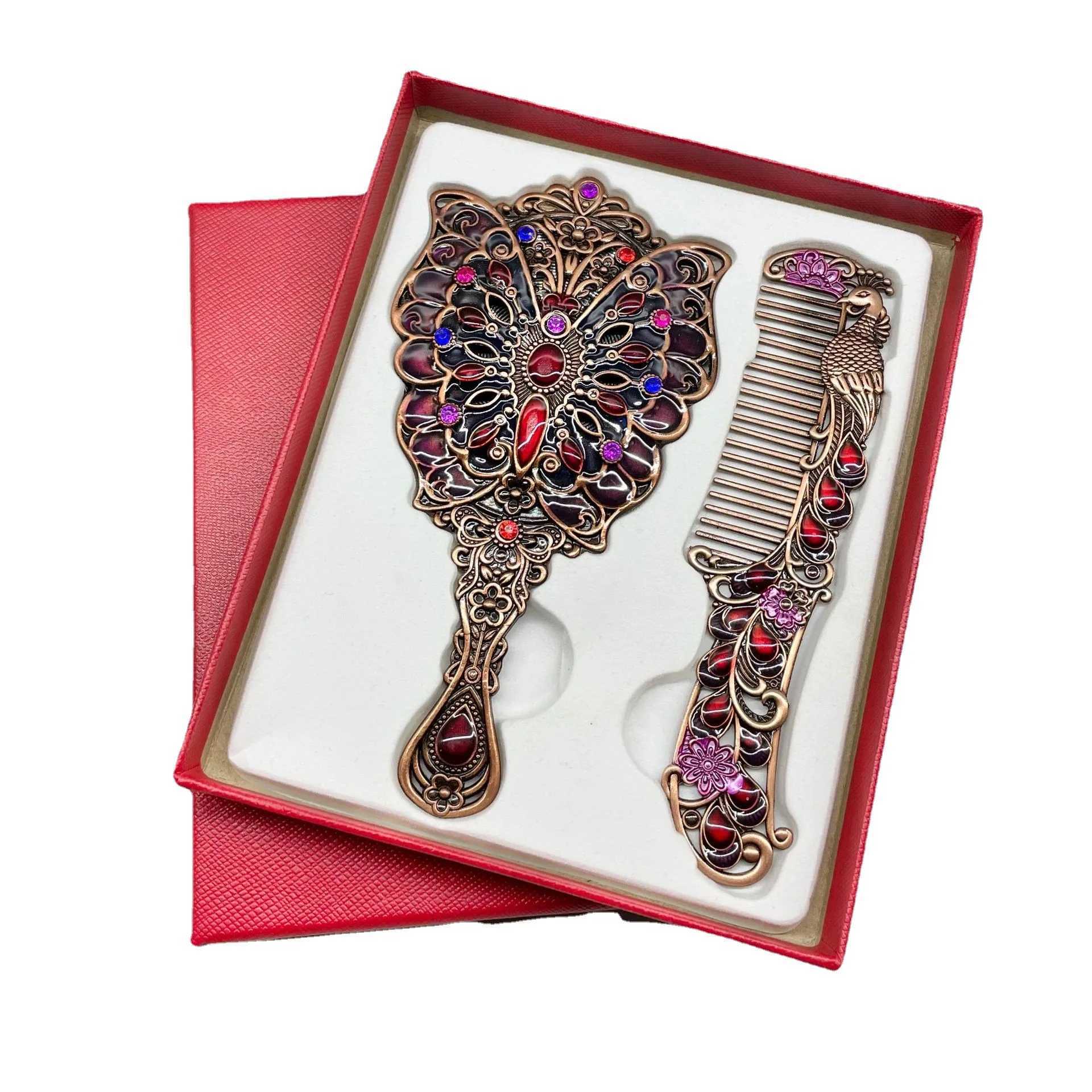 Antique bronze embossed oval peacock makeup mirror handheld comb set Russian style portable brightly colored durable W240813
